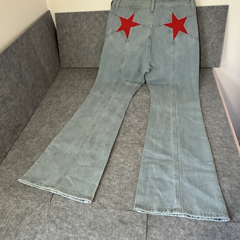 Red Star Back Light Wash Jeans High Waist Retro Wide Leg "EM" M